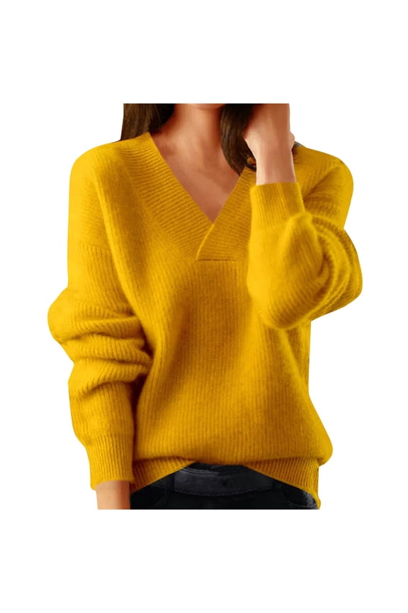 Oversized Sweater Tops for Women V Neck Long Sleeve Knitted Pullover Warm Clothes