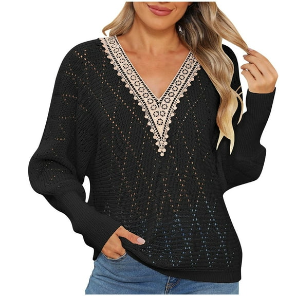 AherBiu Oversized Sweaters for Women Hollow out Batwing Long Sleeve V Neck Fall Casual Loose Knitted Pullover Tops