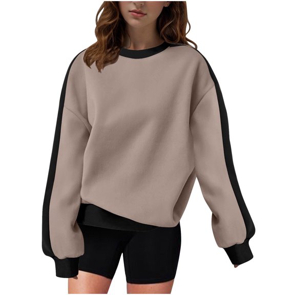 AherBiu Oversized Sweatshirt for Women Color Blocked Crew Neck Drop Shoulder Lightfleece Lined Pullover Tops