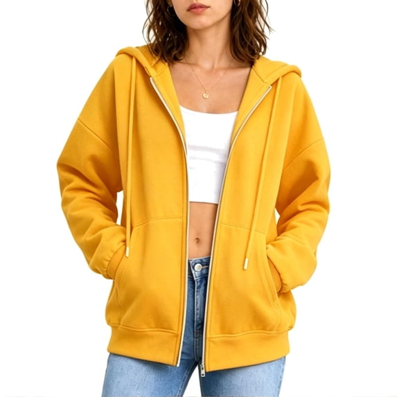 AherBiu Oversized Sweatshirt for Women Zip up Long Sleeve Drop Shoulder Drawstring Hooded Jacket Outerwear with Pockets(X-Large,Yellow-01)