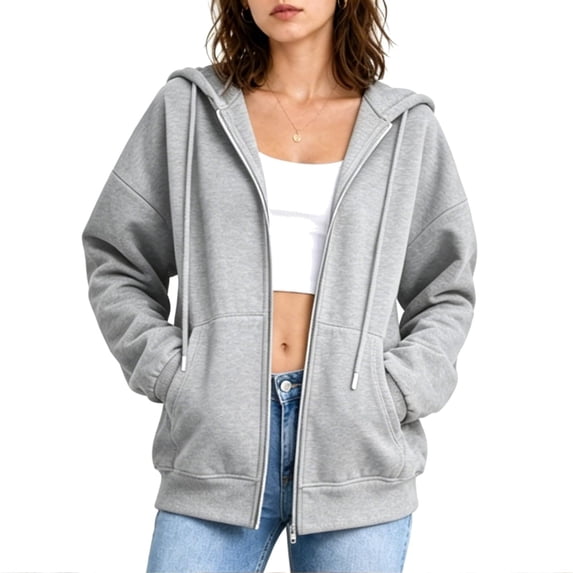 AherBiu Oversized Sweatshirt for Women Zip up Long Sleeve Drop Shoulder Drawstring Hooded Jacket Outerwear with Pockets(XX-Large,Gray-01)
