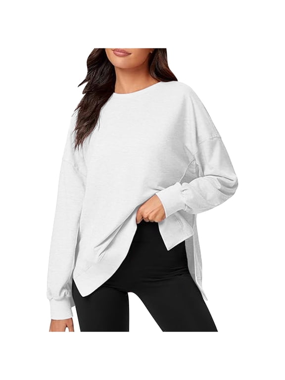 Oversized Sweatshirts for Women Crewneck High Low Side Slit Comfy Pullover Long Sleeve Tops