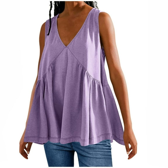 AherBiu Oversized Tank Tops for Women V Neck Ruffle Loose Boho Vacation Sleeveless Long Shirts Blouse