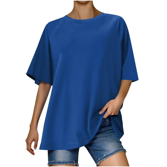 AherBiu Oversized Tops for Women Drop Shoulder Summer Tees Crewneck Stretch Comfy Basic Plain Tshirt