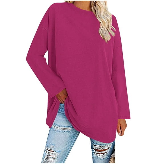 AherBiu Oversized Tops for Women Long Sleeve Crewneck Fall Casual Loose Stretch Comfy Plain Top Tees Shirts