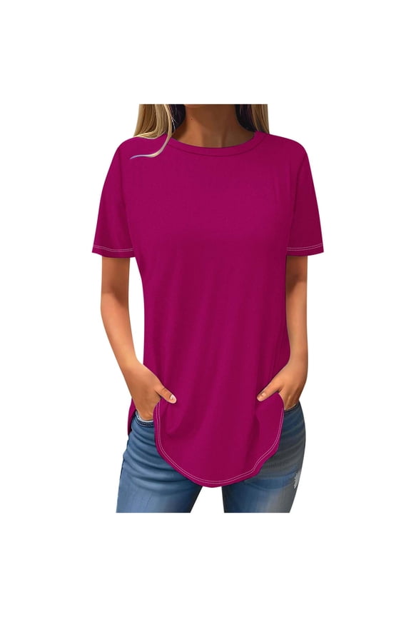 Oversized Tops for Women Short Sleeve Basic Top Tees Shirts Crewenck Solid Color Comfy T-Shirts