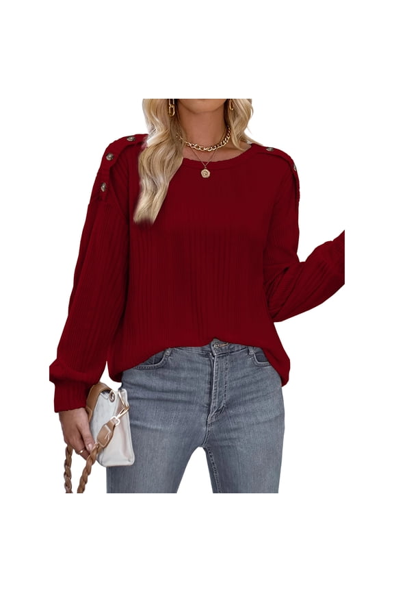 Oversized Tops for Women V Neck Button Drop Shoulder Long Sleeve Ribbed Casual Loose Pullover Tops(Large,Red)