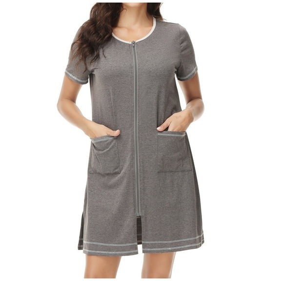 AherBiu Pajama Dresses for Women Zip up Short Sleeve Crewneck Sleepwear Nightgowns Short Robes with Pockets
