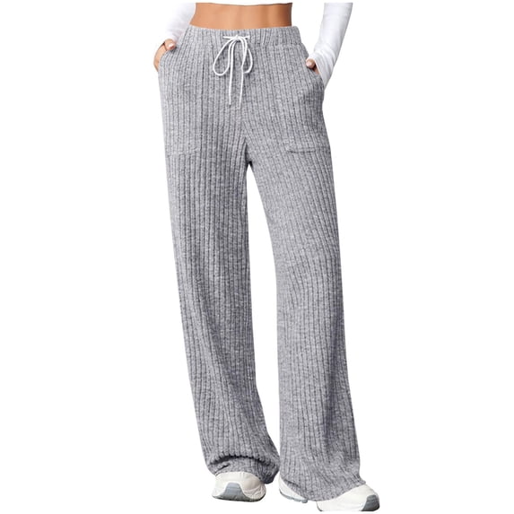 AherBiu Pajama Pants for Women Ribble Knitted Drawstring High Waisted Straight Leg Casual Loose Pants with Pockets