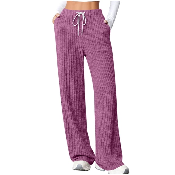 AherBiu Pajama Pants for Women Ribble Knitted Drawstring High Waisted Straight Leg Casual Loose Pants with Pockets