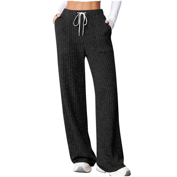 AherBiu Pajama Pants for Women Ribble Knitted Drawstring High Waisted Straight Leg Casual Loose Pants with Pockets