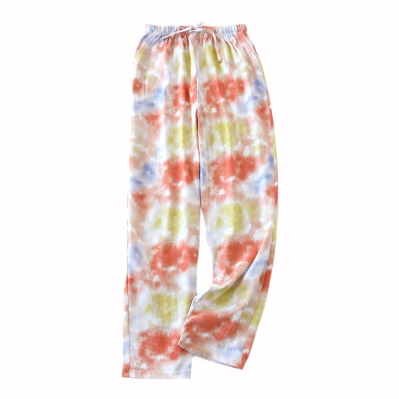 AherBiu Pajama Pants for Women Tie-Dye Print Drawstring Straight Leg Comfy Sleepwear Trousers with Pockets