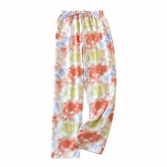 AherBiu Pajama Pants for Women Tie-Dye Print Drawstring Straight Leg Comfy Sleepwear Trousers with Pockets
