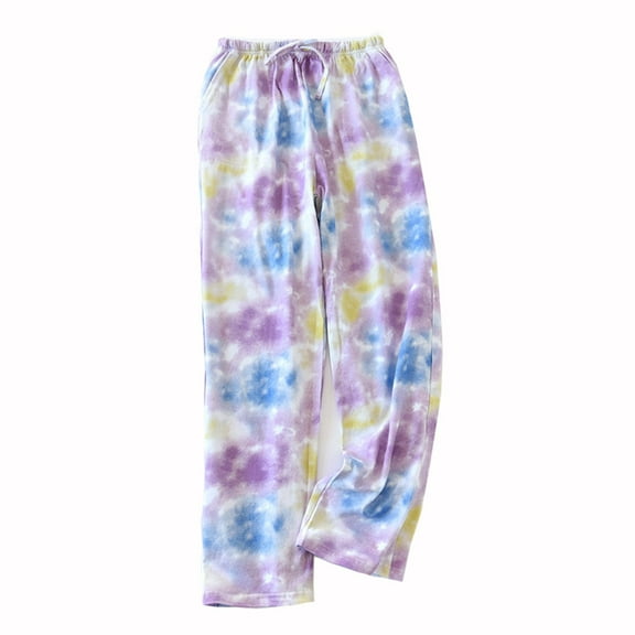 AherBiu Pajama Pants for Women Tie-Dye Print Drawstring Straight Leg Comfy Sleepwear Trousers with Pockets