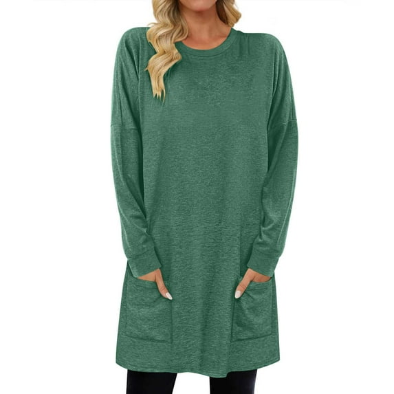 AherBiu Pajama Tops for Women Crewneck Mid-Long Comfy Casual Loose Tshirts Long Sleeve Tops with Pockets