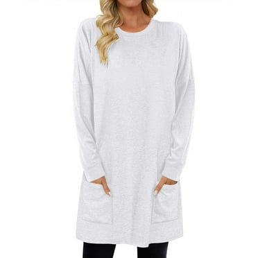 AherBiu Pajama Tops for Women Crewneck Mid-Long Comfy Casual Loose Tshirts Long Sleeve Tops with Pockets