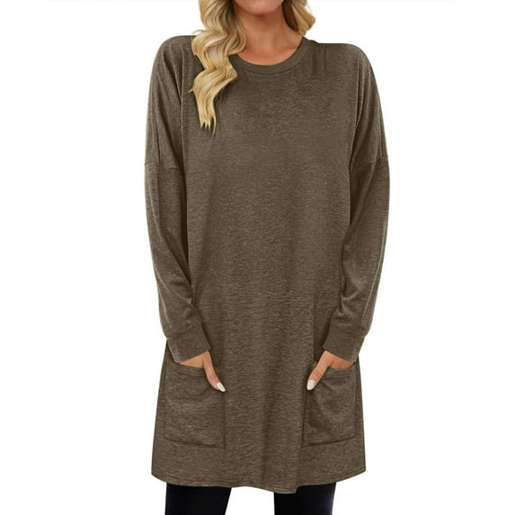 AherBiu Pajama Tops for Women Crewneck Mid-Long Comfy Casual Loose Tshirts Long Sleeve Tops with Pockets