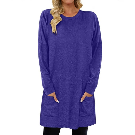 AherBiu Pajama Tops for Women Crewneck Mid-Long Comfy Casual Loose Tshirts Long Sleeve Tops with Pockets