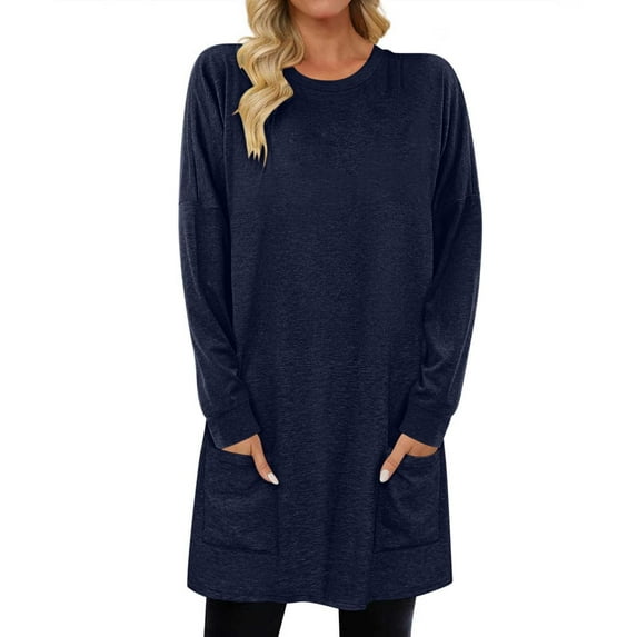 AherBiu Pajama Tops for Women Crewneck Mid-Long Comfy Casual Loose Tshirts Long Sleeve Tops with Pockets