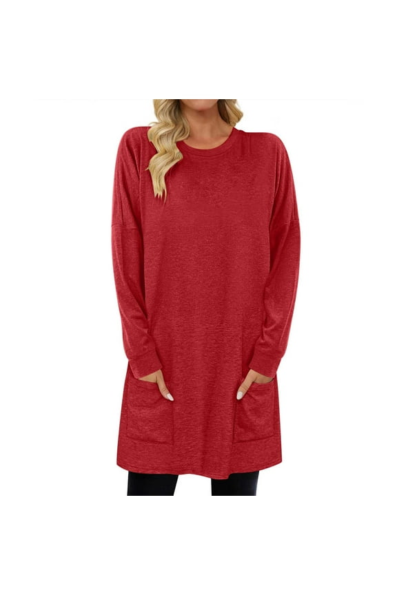 Pajama Tops for Women Crewneck Mid-Long Comfy Casual Loose Tshirts Long Sleeve Tops with Pockets
