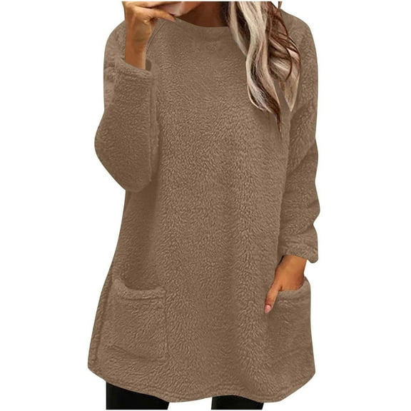 AherBiu Pajama Tops for Women Fleece Crewneck Sweatshirt Mid-Long Fuzzy Plush Sleepwear Pullover Tops