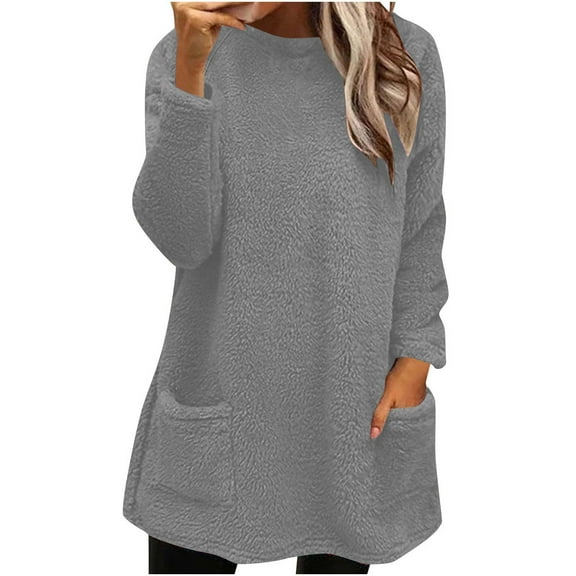 AherBiu Pajama Tops for Women Fleece Crewneck Sweatshirt Mid-Long Fuzzy Plush Sleepwear Pullover Tops
