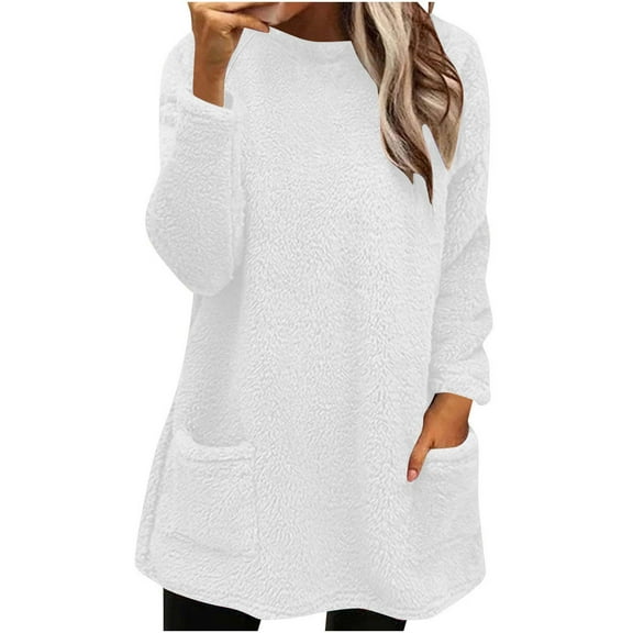 AherBiu Pajama Tops for Women Fleece Crewneck Sweatshirt Mid-Long Fuzzy Plush Sleepwear Pullover Tops