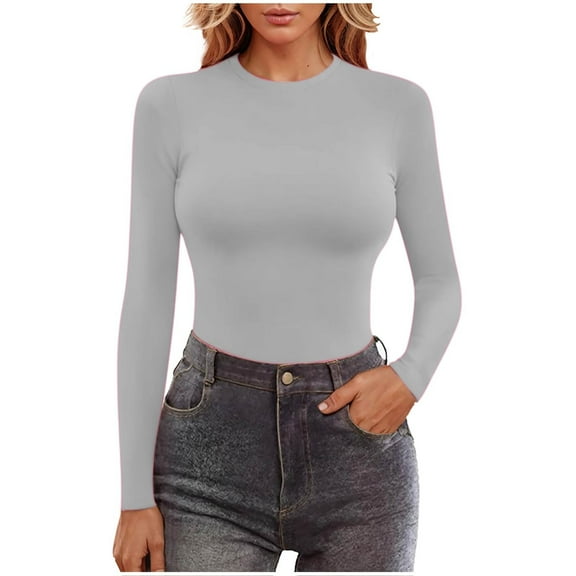 AherBiu Pajama Tops for Women Long Sleeve Shirt Comfy Fitted Crewneck Basic Layer Undershirt Plain Tees