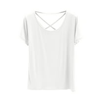 AherBiu Pajama Tops for Women Round Neck Short Sleeve Crossover Back Comfy Tees Basic Layer Undershirts Homewear