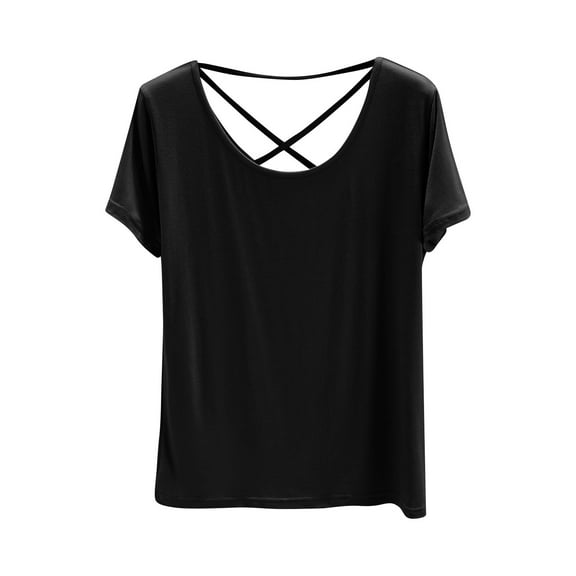 AherBiu Pajama Tops for Women Round Neck Short Sleeve Crossover Back Comfy Tees Basic Layer Undershirts Homewear