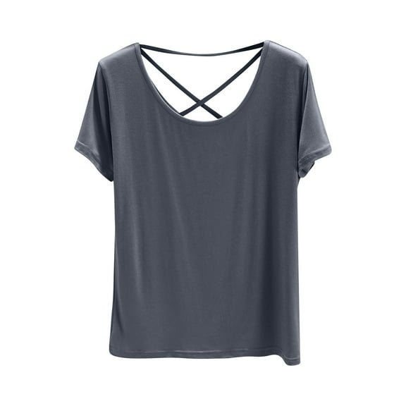 AherBiu Pajama Tops for Women Round Neck Short Sleeve Crossover Back Comfy Tees Basic Layer Undershirts Homewear
