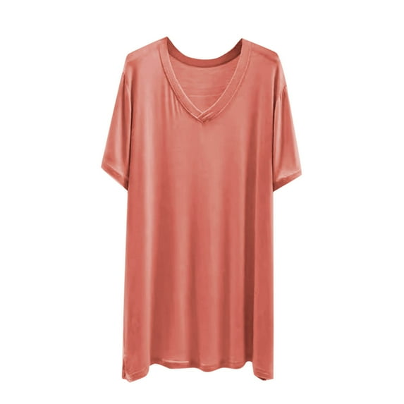 AherBiu Pajama Tops for Women V Neck Short Sleeve Long Top Tees Tshirts Comfy Loose Homewear Shirt