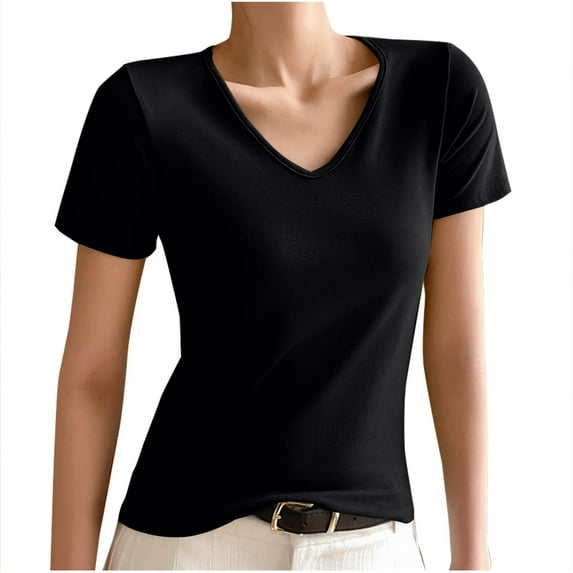 AherBiu Pajama Tops for Women V Neck Short Sleeve Summer Basic Tees Comfy Fitting Undershirt Sleepwear