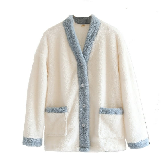AherBiu Pajamas Fleece Jackets for Women Long Sleeve Button Down V Neck Thermal Warm Winter Loungewear Coats