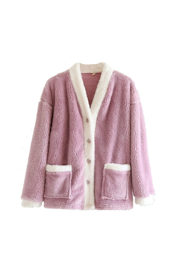 Pajamas Fleece Jackets for Women Long Sleeve Button Down V Neck Thermal Warm Winter Loungewear Coats
