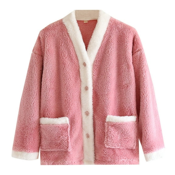 AherBiu Pajamas Fleece Jackets for Women Long Sleeve Button Down V Neck Thermal Warm Winter Loungewear Coats