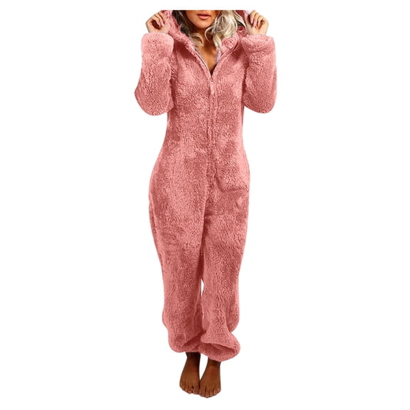 AherBiu Pajamas Jumpsuits for Women Plus Size Fleece Fluffy Sleepwear 1/2 Zip up Hooded Long Sleeve Plush Rompers
