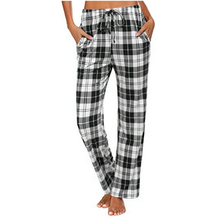 AherBiu Pajamas Pants for Women Plaid Loungewear Drawstring Waisted  Straight Leg Comfy Sleepwear Trousers 