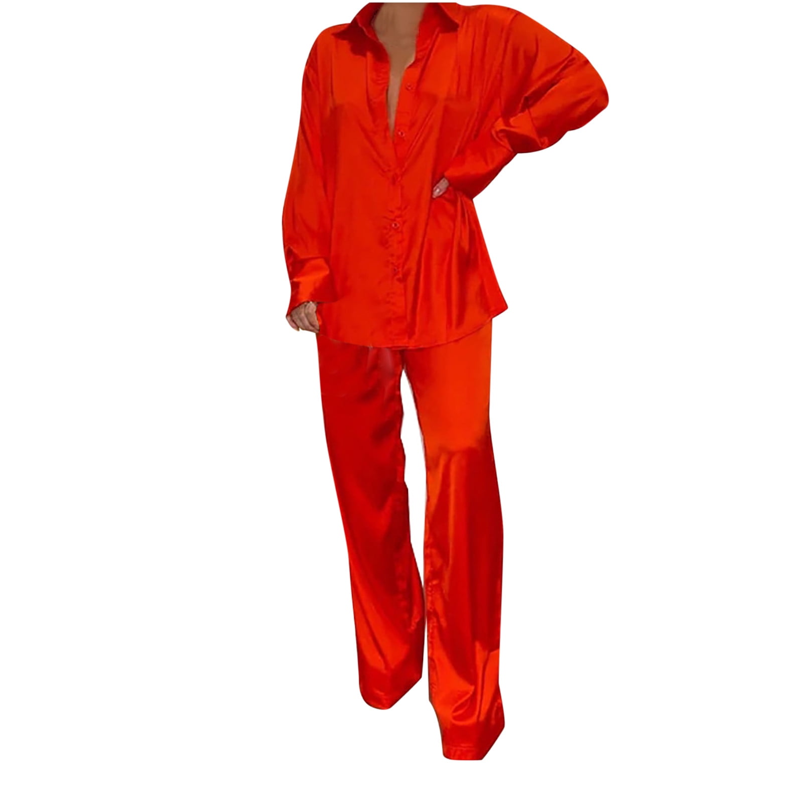 AherBiu Pajamas Sets for Women 2 Piece Outfits Satin Pajamas Long