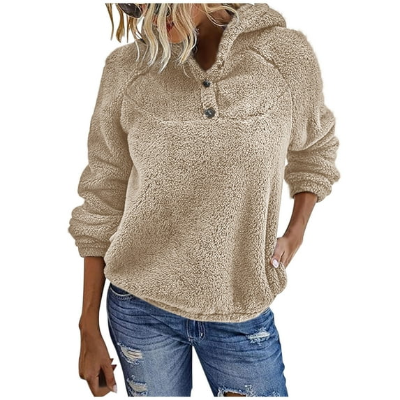 AherBiu Pajamas Sweatshirt for Women Fleece Plush Hoodie Long Sleeve Button Pullover Tops Winter Clothes
