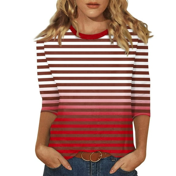 AherBiu Pajamas Tops for Women 3/4 Sleeve Plaid Comfy Striped T Shirts Crewneck Tees Blouse Loungewear