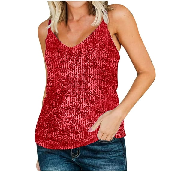AherBiu Party Tank Tops for Women Sequin Sleevelees V Neck Sparkly Cami Shirts with Adjustable Strap