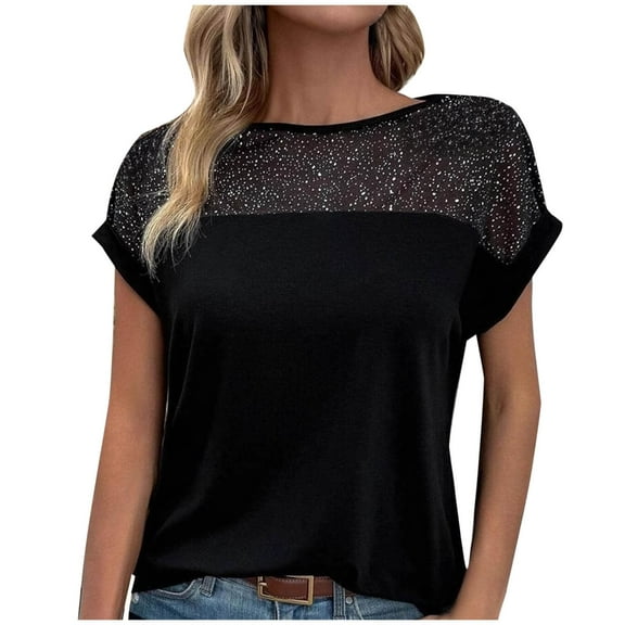 AherBiu Party Tops for Women Lace Sparkly Cap Sleeve Crewneck Elegant Ladies Comfy Shirts Blouse