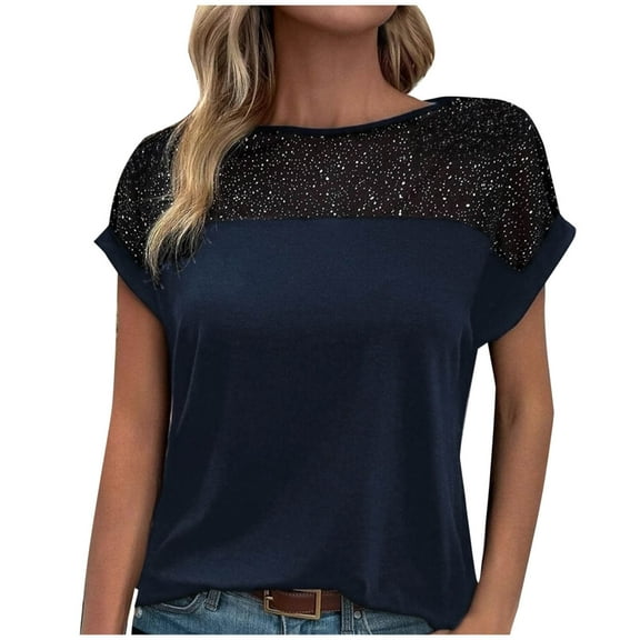 AherBiu Party Tops for Women Lace Sparkly Cap Sleeve Crewneck Elegant Ladies Comfy Shirts Blouse
