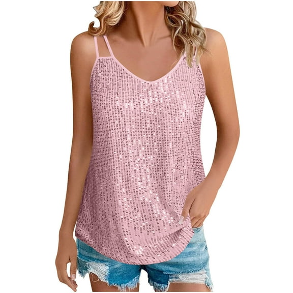 AherBiu Party Tops for Women Sleeveless Sequin Tank Tops Clubwear Sparkly Tunic Cami Shirts Blouse