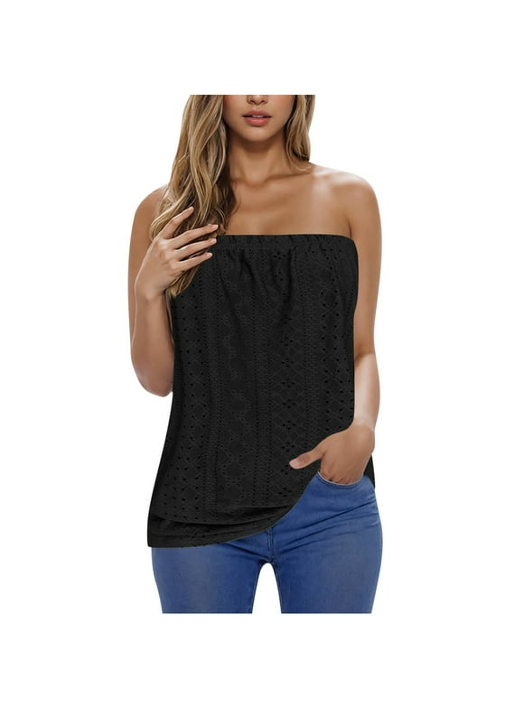 Boho Tube Tops for Women off Shoulder Sleeveless Elastic Eyelet Hole Vacation Summer Tank Top Shirts