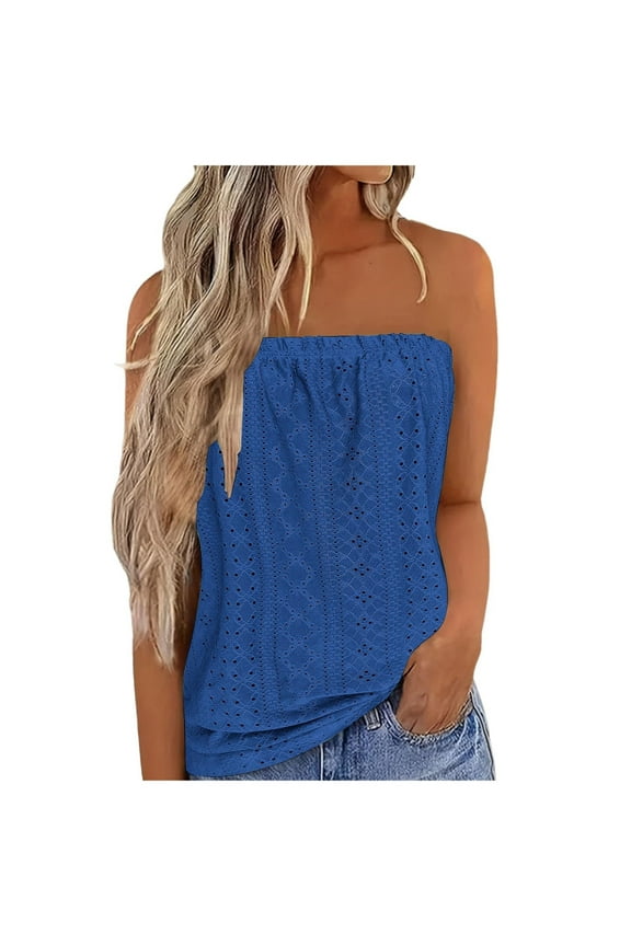 Boho Tube Tops for Women off Shoulder Sleeveless Elastic Eyelet Hole Vacation Summer Tank Top Shirts