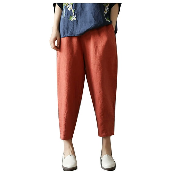AherBiu Plus Size Capri Pants for Women Cotton Linen Summer Lightweight High Waisted Capris with Pockets