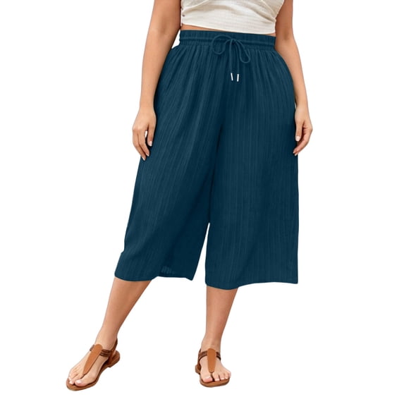 AherBiu Plus Size Capri Pants for Women Wide Leg Lightweight Drawstring High Waisted Casual Loose Beach Vacation Capris