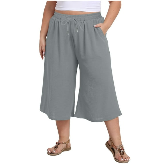 AherBiu Plus Size Capri Pants for Women Wide Leg Lightweight Summer Casual Loose High Waisted Capris with Pockets